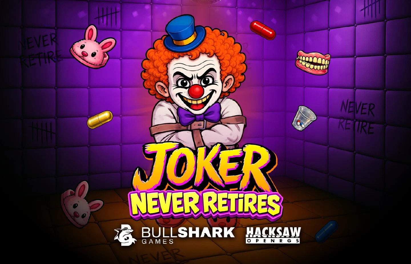 El payaso de Joker Never Retires con camisa de fuerza en una celda acolchada morada, entre pastillas, una dentadura y zapatillas de conejito