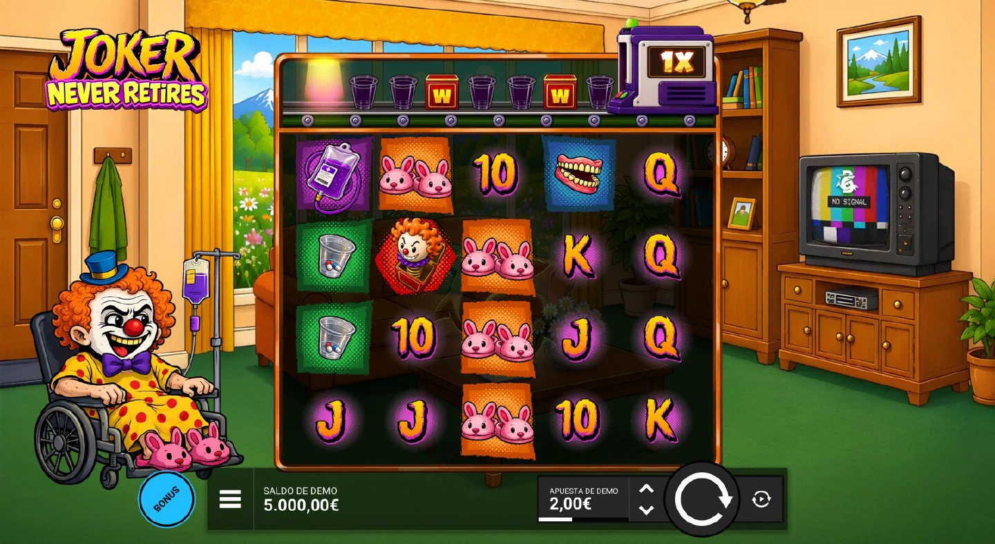 La partida base de Joker Never Retires con la pista Daily Dose y el multiplicador global en 1x